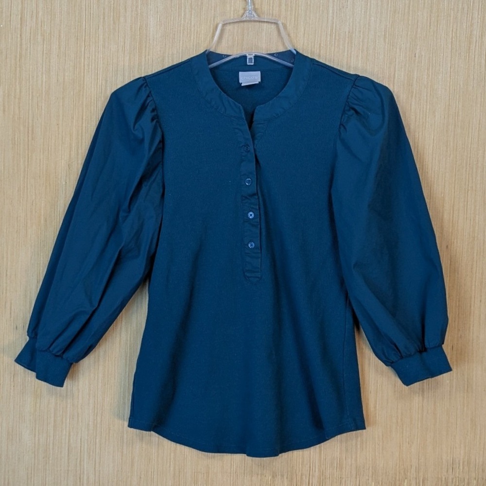 Chicos Ribbed Henley Blouse Womens Small Puff Sleeve Teal Career Dark Academia